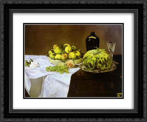 Still life with melon and peaches 24x20 Black Ornate Wood Framed Art Print Poster with Double Matting by Manet, Edouard