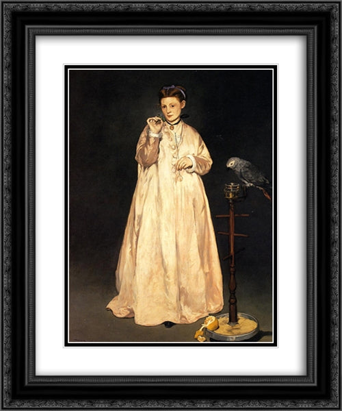 Woman with a Parrot 20x24 Black Ornate Wood Framed Art Print Poster with Double Matting by Manet, Edouard