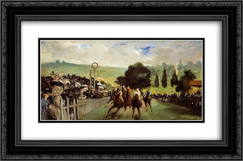 Races at Longchamp 24x16 Black Ornate Wood Framed Art Print Poster with Double Matting by Manet, Edouard