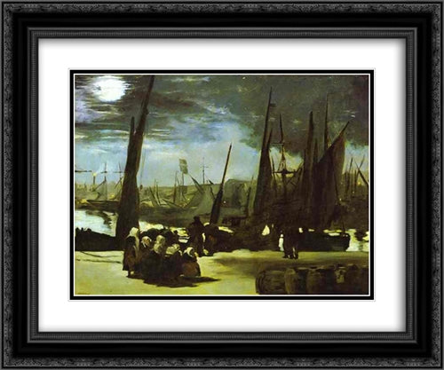 Moonlight on Boulogne Harbour 24x20 Black Ornate Wood Framed Art Print Poster with Double Matting by Manet, Edouard