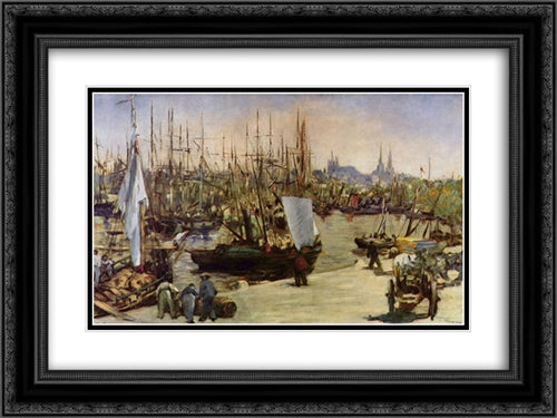 The Port of Bordeaux 24x18 Black Ornate Wood Framed Art Print Poster with Double Matting by Manet, Edouard