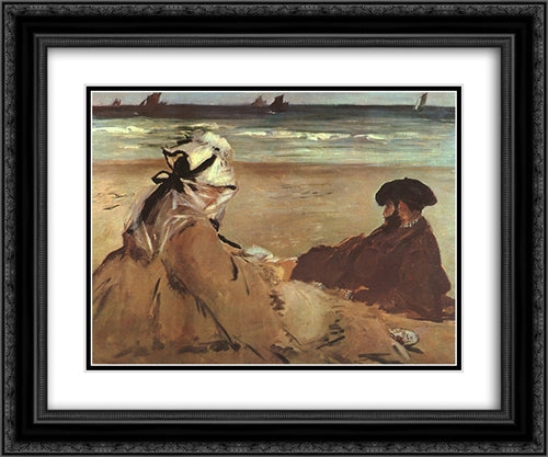 On the Beach 24x20 Black Ornate Wood Framed Art Print Poster with Double Matting by Manet, Edouard