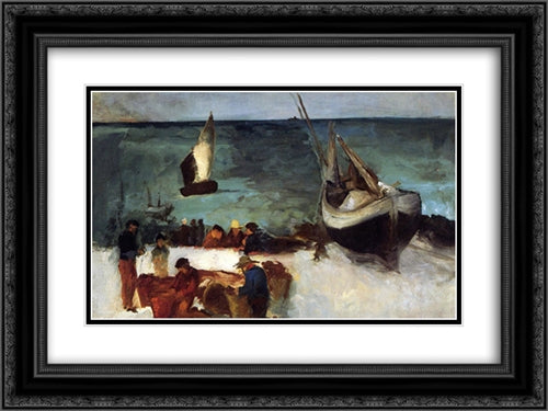 Seascape at Berck, Fishing Boats and Fishermen 24x18 Black Ornate Wood Framed Art Print Poster with Double Matting by Manet, Edouard