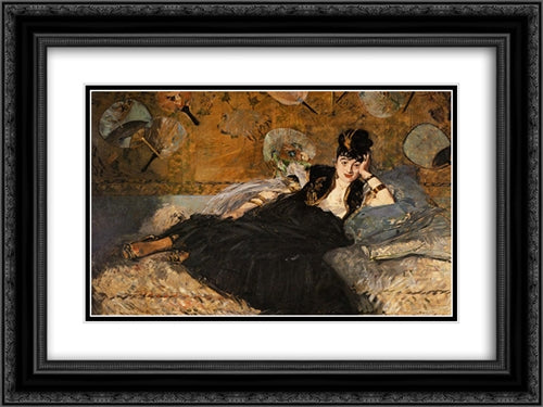 The Lady with Fans, Portrait of Nina de Callias 24x18 Black Ornate Wood Framed Art Print Poster with Double Matting by Manet, Edouard