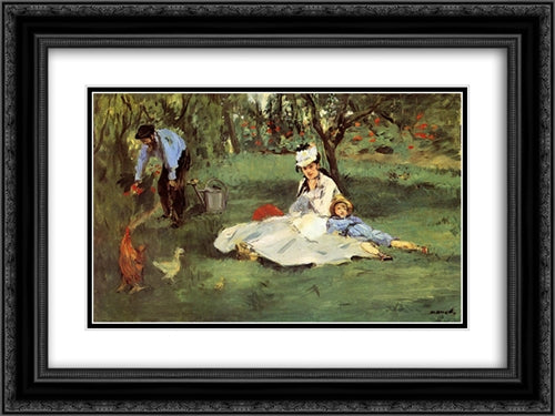 The Monet family in their garden at Argenteuil 24x18 Black Ornate Wood Framed Art Print Poster with Double Matting by Manet, Edouard