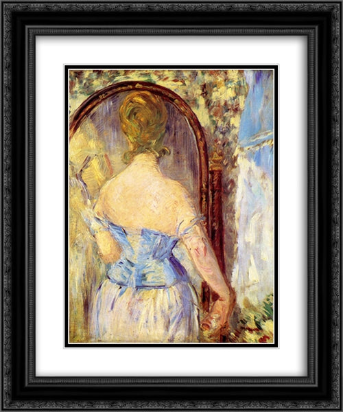 Woman Before a Mirror 20x24 Black Ornate Wood Framed Art Print Poster with Double Matting by Manet, Edouard