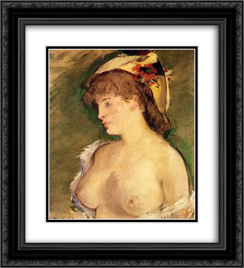 The Blonde with Bare Breasts 20x22 Black Ornate Wood Framed Art Print Poster with Double Matting by Manet, Edouard