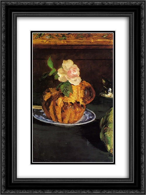 Still Life with Brioche 18x24 Black Ornate Wood Framed Art Print Poster with Double Matting by Manet, Edouard