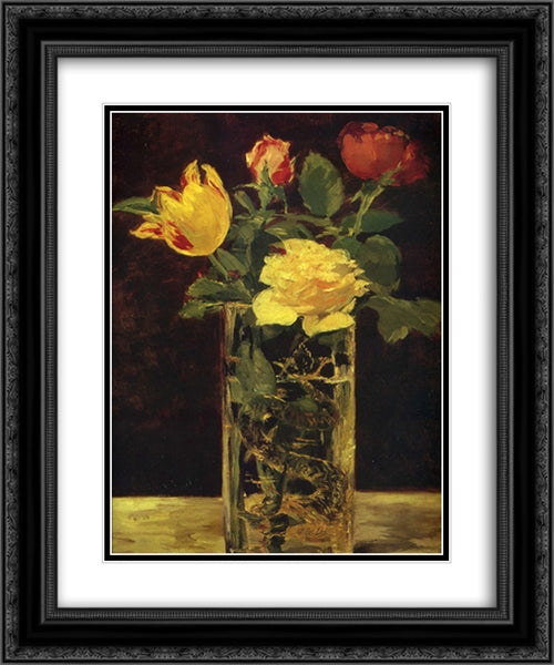 Rose and tulip 20x24 Black Ornate Wood Framed Art Print Poster with Double Matting by Manet, Edouard