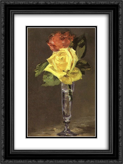Roses in a Champagne Glass 18x24 Black Ornate Wood Framed Art Print Poster with Double Matting by Manet, Edouard