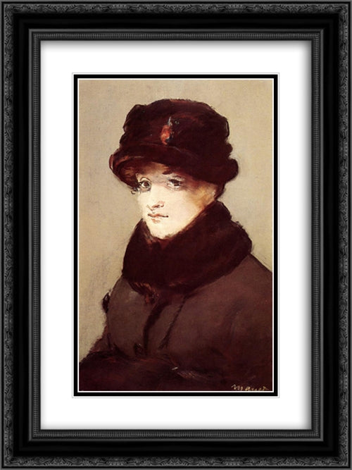 Woman in furs (Portrait of Mery Laurent) 18x24 Black Ornate Wood Framed Art Print Poster with Double Matting by Manet, Edouard