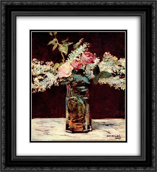 Lilac and roses 20x22 Black Ornate Wood Framed Art Print Poster with Double Matting by Manet, Edouard