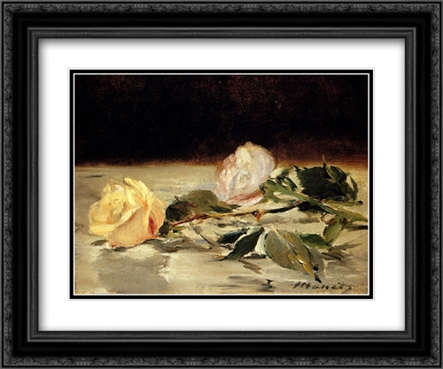 Two roses on a tablecloth 24x20 Black Ornate Wood Framed Art Print Poster with Double Matting by Manet, Edouard