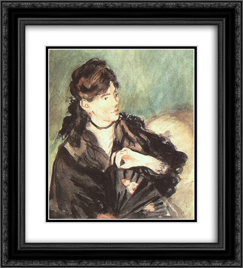Portrait of Berthe Morisot 20x22 Black Ornate Wood Framed Art Print Poster with Double Matting by Manet, Edouard