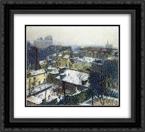 The Roofs of Paris in the Snow, the View from the Artist's Studio 22x20 Black Ornate Wood Framed Art Print Poster with Double Matting by Martin, Henri