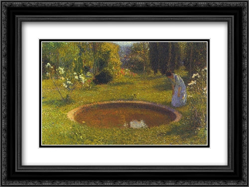 Girl by a Fountain 24x18 Black Ornate Wood Framed Art Print Poster with Double Matting by Martin, Henri