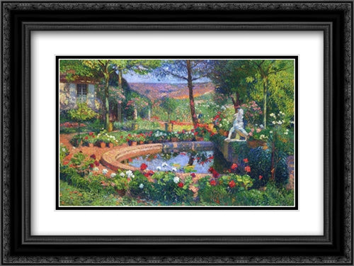 Fountain in the Park Marquayro 24x18 Black Ornate Wood Framed Art Print Poster with Double Matting by Martin, Henri