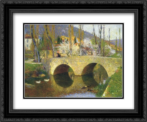 The Bridge at Labastide du Vert in Spring 24x20 Black Ornate Wood Framed Art Print Poster with Double Matting by Martin, Henri