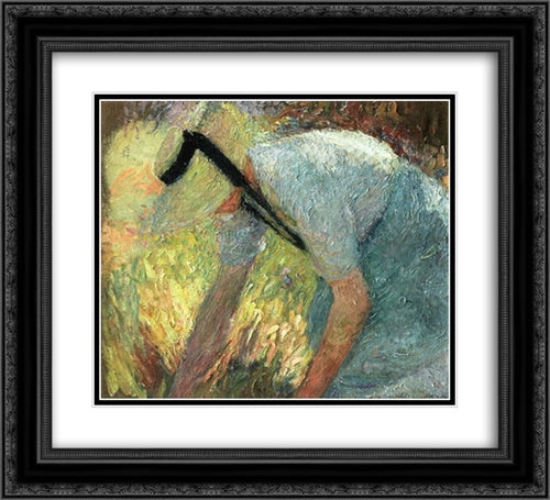 Woman in a Blue Apron and Straw Hat, Picking A Spray of Flowers 22x20 Black Ornate Wood Framed Art Print Poster with Double Matting by Martin, Henri