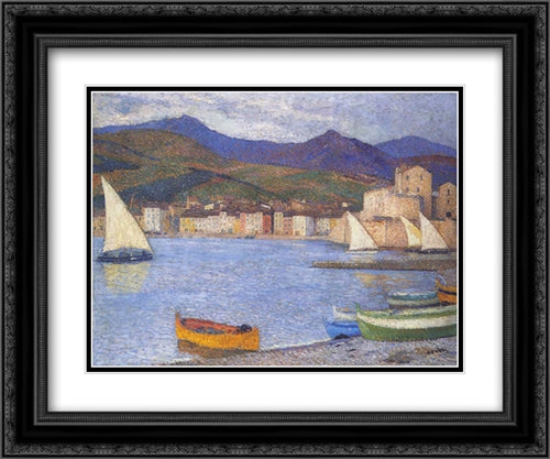 Sailboats in the Port of Collioure 24x20 Black Ornate Wood Framed Art Print Poster with Double Matting by Martin, Henri