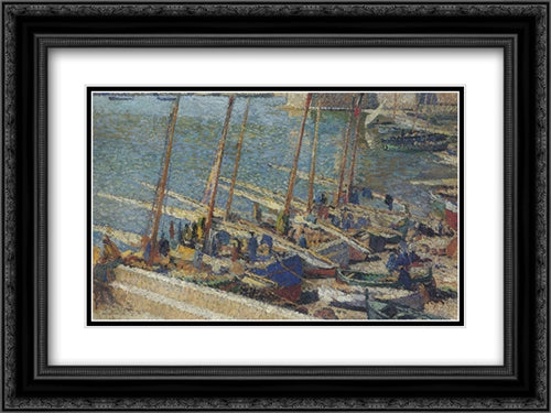 Boats in Port Collioure 24x18 Black Ornate Wood Framed Art Print Poster with Double Matting by Martin, Henri