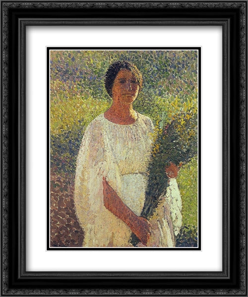 Girl with Flowers 20x24 Black Ornate Wood Framed Art Print Poster with Double Matting by Martin, Henri