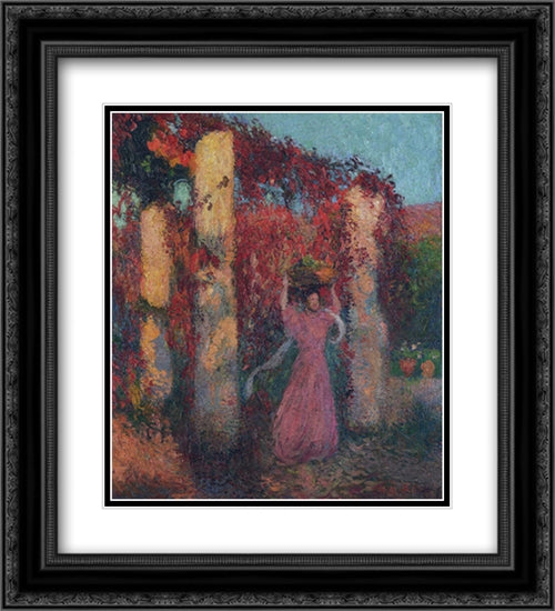 Young Woman in Vigne Vierge Rouge 20x22 Black Ornate Wood Framed Art Print Poster with Double Matting by Martin, Henri