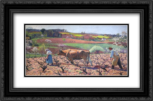 Laborers Prepare the Vines in Quercy 24x16 Black Ornate Wood Framed Art Print Poster with Double Matting by Martin, Henri