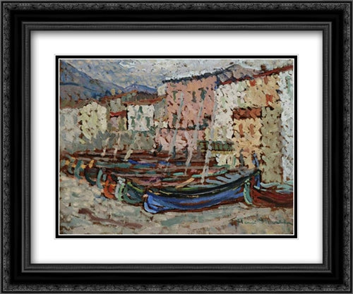 The Fishing Boats on the strike in Collioure 24x20 Black Ornate Wood Framed Art Print Poster with Double Matting by Martin, Henri