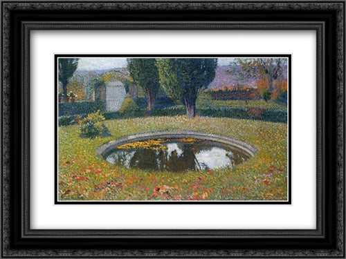 Fountain in Marquayrol 24x18 Black Ornate Wood Framed Art Print Poster with Double Matting by Martin, Henri