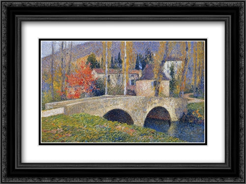 The Bridge in Labastide du Vert in Autumn 24x18 Black Ornate Wood Framed Art Print Poster with Double Matting by Martin, Henri