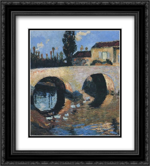 The Bridge on the River 20x22 Black Ornate Wood Framed Art Print Poster with Double Matting by Martin, Henri