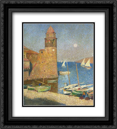 The Tower of Collioure in Moonrise 20x22 Black Ornate Wood Framed Art Print Poster with Double Matting by Martin, Henri