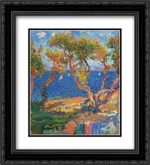 Olive Trees by the Sea 20x22 Black Ornate Wood Framed Art Print Poster with Double Matting by Martin, Henri