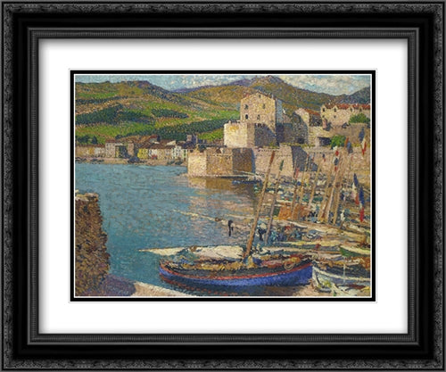 Port Collioure 24x20 Black Ornate Wood Framed Art Print Poster with Double Matting by Martin, Henri