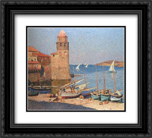 Port Collioure 22x20 Black Ornate Wood Framed Art Print Poster with Double Matting by Martin, Henri