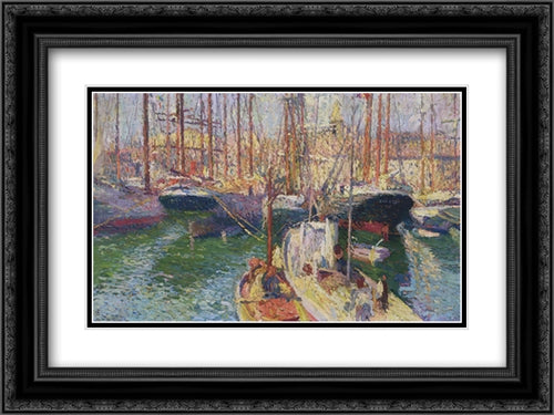 Port of Marseille 24x18 Black Ornate Wood Framed Art Print Poster with Double Matting by Martin, Henri