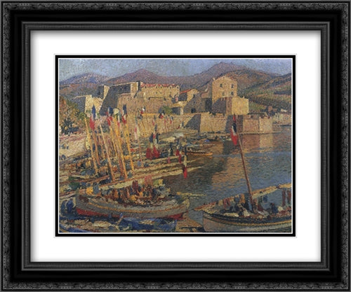 July 14 in Collioure 24x20 Black Ornate Wood Framed Art Print Poster with Double Matting by Martin, Henri