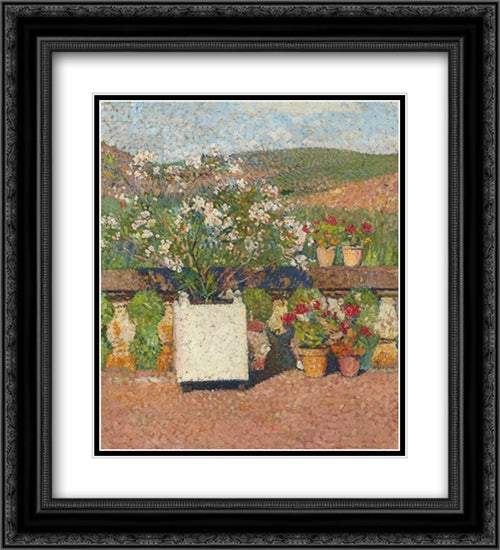 Roses and Geraniums on the Terrace at Marquayrol 20x22 Black Ornate Wood Framed Art Print Poster with Double Matting by Martin, Henri