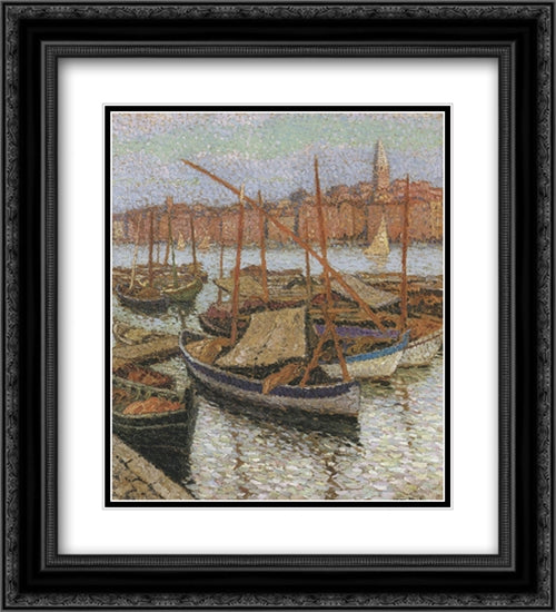 Sailboats in the Port 20x22 Black Ornate Wood Framed Art Print Poster with Double Matting by Martin, Henri