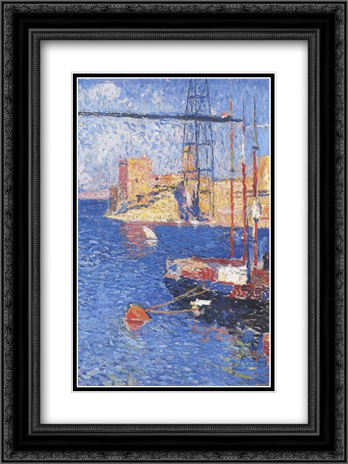 The Port of Marseilles transhipping 18x24 Black Ornate Wood Framed Art Print Poster with Double Matting by Martin, Henri