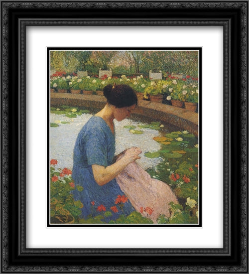 Sewing in the Garden at Marquayrol 20x22 Black Ornate Wood Framed Art Print Poster with Double Matting by Martin, Henri