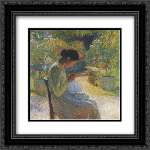 Sewing in the Garden at Marquayrol 20x20 Black Ornate Wood Framed Art Print Poster with Double Matting by Martin, Henri