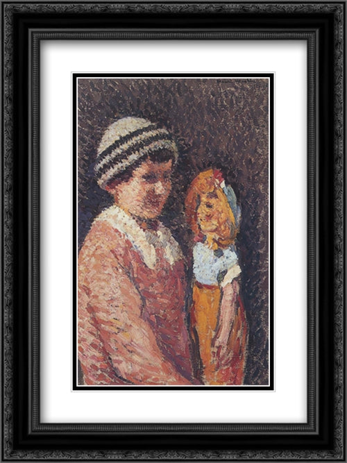 Woman sewing 18x24 Black Ornate Wood Framed Art Print Poster with Double Matting by Martin, Henri