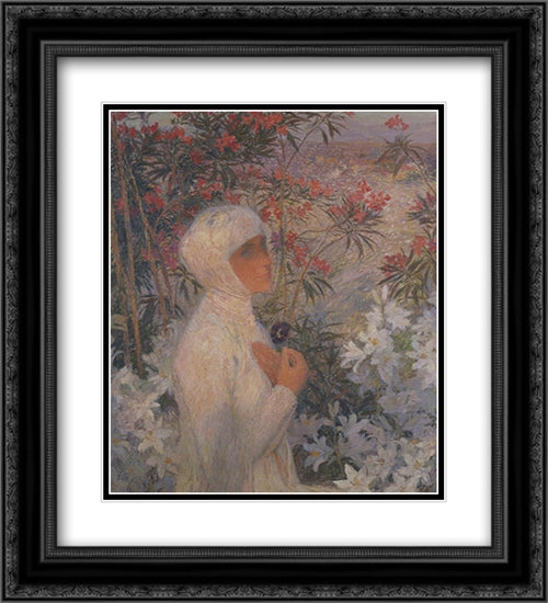 Young Woman with Flowers 20x22 Black Ornate Wood Framed Art Print Poster with Double Matting by Martin, Henri