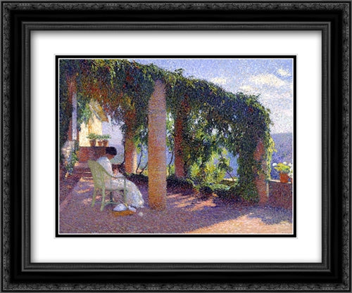 Woman Sewing on a Veranda 24x20 Black Ornate Wood Framed Art Print Poster with Double Matting by Martin, Henri
