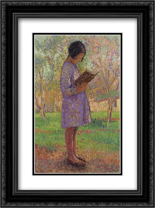 Young Girl Reading 18x24 Black Ornate Wood Framed Art Print Poster with Double Matting by Martin, Henri