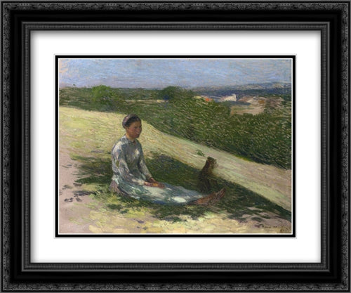 Young Peasant Girl and Her Dog 24x20 Black Ornate Wood Framed Art Print Poster with Double Matting by Martin, Henri