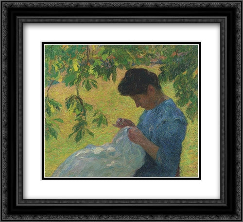 Young Woman Sewing in the Garden 22x20 Black Ornate Wood Framed Art Print Poster with Double Matting by Martin, Henri