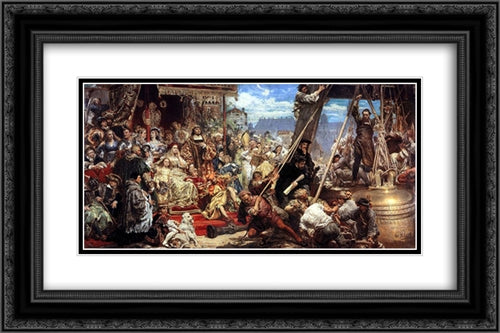 Hanging of the Sigismund bell at the cathedral tower in 1521 in Krakow 24x16 Black Ornate Wood Framed Art Print Poster with Double Matting by Matejko, Jan